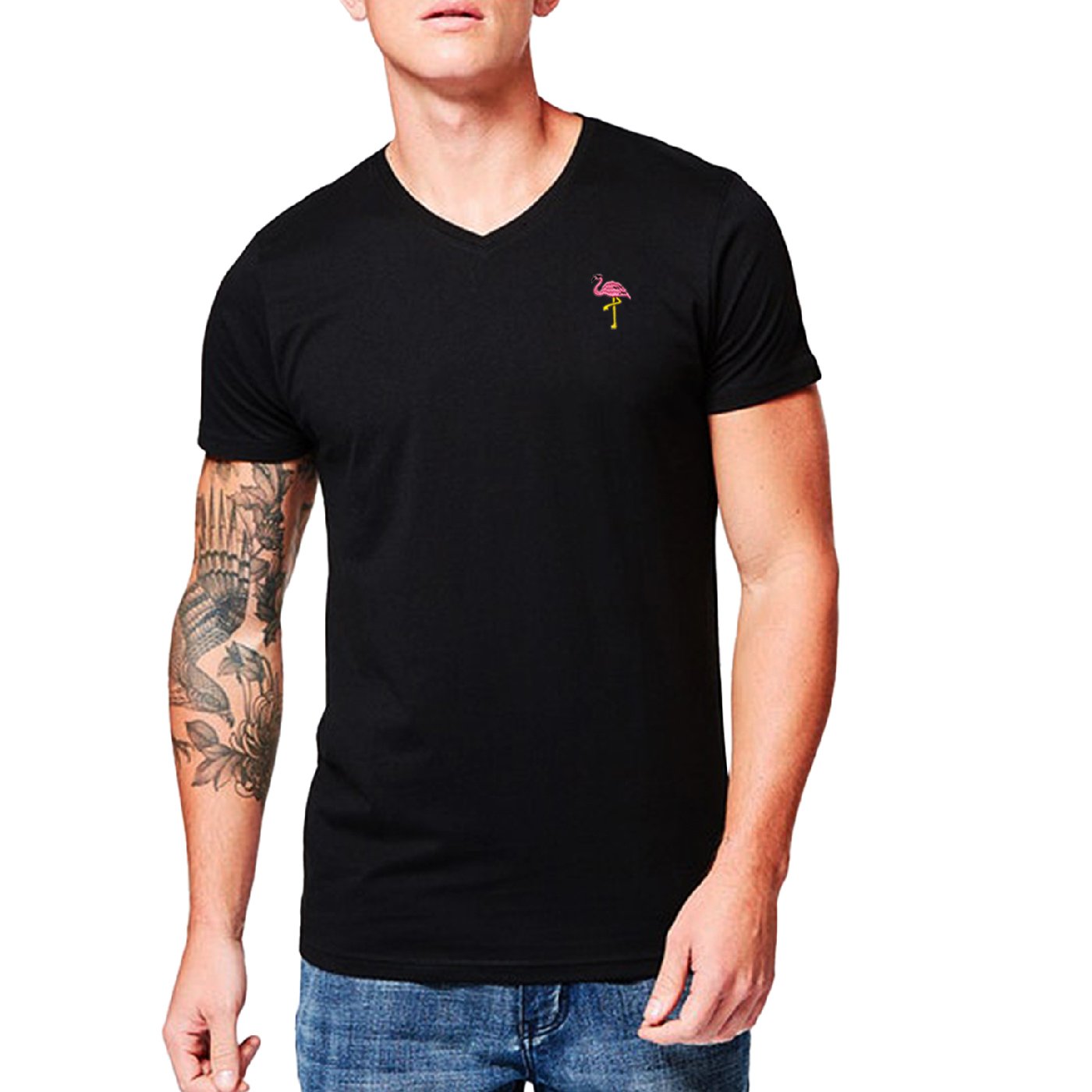 Pollogie™ Flamingo Embroidered V-Neck T-Shirt